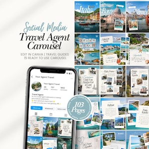 May include: A digital social media travel agent carousel template set featuring 15 ready-to-use designs and 103 pages. The display shows a smartphone screen with a travel agency profile and a grid of various travel-themed layouts including Italy, Rome, Venice, and the Amalfi Coast.