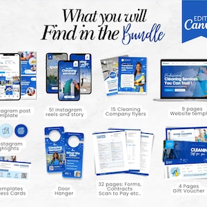 May include: A promotional bundle for cleaning services, featuring digital templates for social media posts, stories, flyers, and a website. Includes business cards, door hangers, forms, contracts, and gift vouchers. The text reads "What you will find in the Bundle".