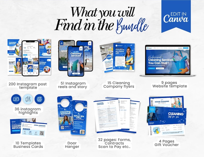 May include: A promotional bundle for cleaning services, featuring digital templates for social media posts, stories, flyers, and a website. Includes business cards, door hangers, forms, contracts, and gift vouchers. The text reads "What you will find in the Bundle".