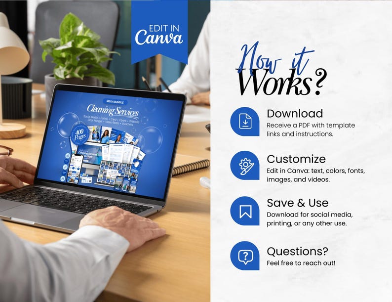 May include: A laptop displaying a "Cleaning Services" template with the text "Edit in Canva." The screen shows a blue and white design with the words "Mega Bundle" and "400 Pages." The right side lists steps: Download, Customize, Save & Use, and Questions.