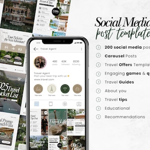 May include: A smartphone displays a travel agent's Instagram profile, surrounded by travel-themed social media post templates. The templates showcase destinations and offers. Text on the right reads "Social Media post template".