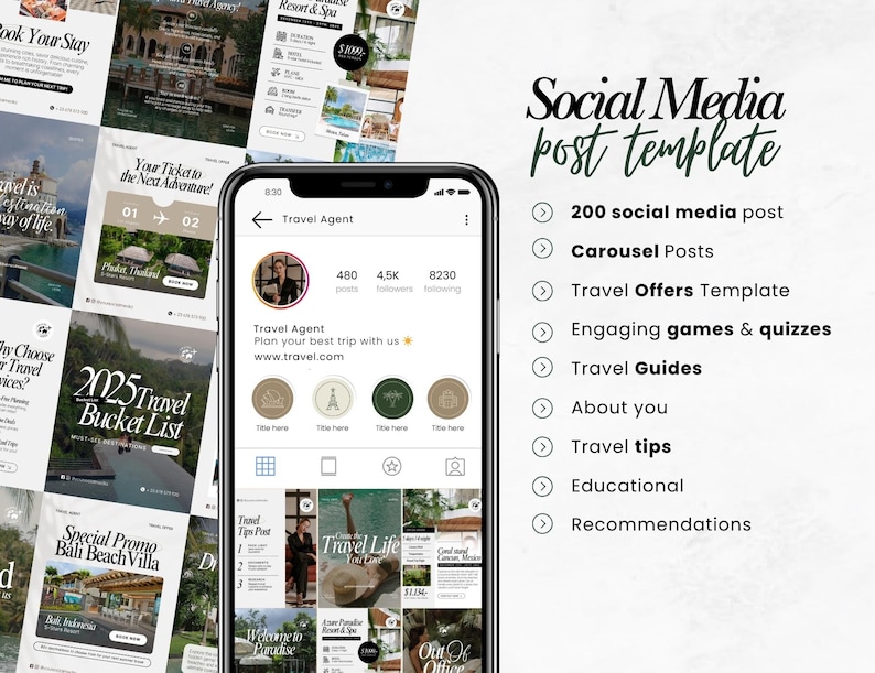 May include: A smartphone displays a travel agent's Instagram profile, surrounded by travel-themed social media post templates. The templates showcase destinations and offers. Text on the right reads "Social Media post template".