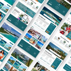May include: A collection of website mockups with a teal and white color scheme. The mockups showcase travel destinations, including the Maldives and Bali, Indonesia. The websites feature images of tropical locations and text such as "Your next Adventure today."