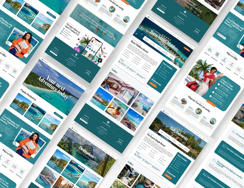 May include: A collection of website mockups with a teal and white color scheme. The mockups showcase travel destinations, including the Maldives and Bali, Indonesia. The websites feature images of tropical locations and text such as "Your next Adventure today."