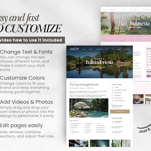 May include: A digital marketing template with the text "Easy and fast TO CUSTOMIZE". The template includes website mockups for a Bali, Indonesia travel package. Features include text and font customization, color adjustments, and video/photo integration.