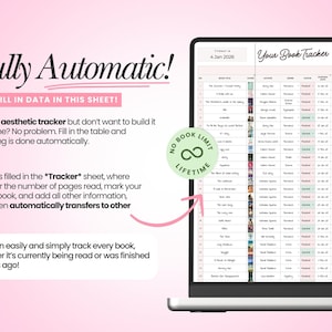 May include: A digital book tracker spreadsheet displayed on a laptop screen with a pink background. The interface includes columns for book titles, authors, genres, status, and dates. A circular green badge states No Book Limit Lifetime.