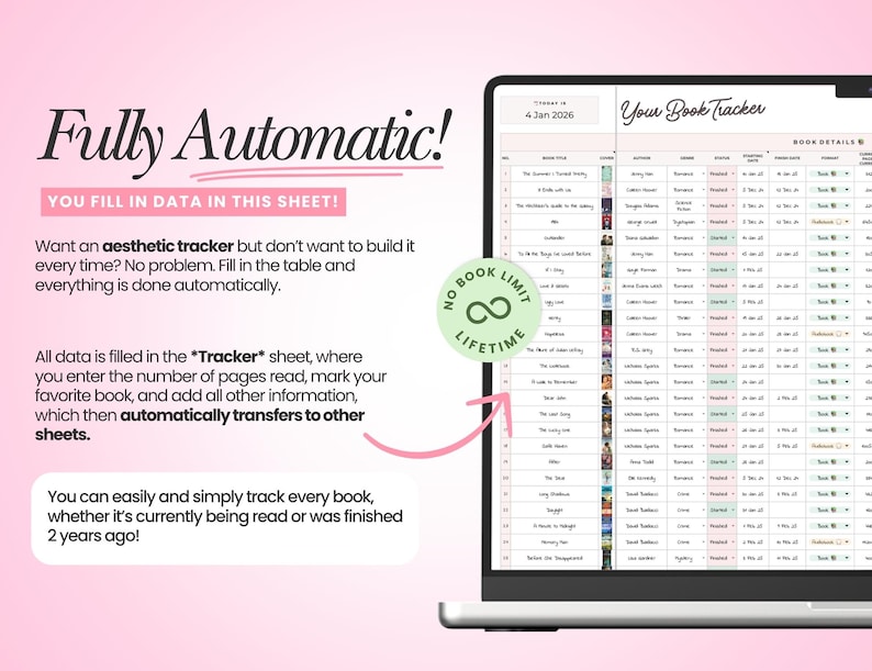 May include: A digital book tracker spreadsheet displayed on a laptop screen with a pink background. The interface includes columns for book titles, authors, genres, status, and dates. A circular green badge states No Book Limit Lifetime.