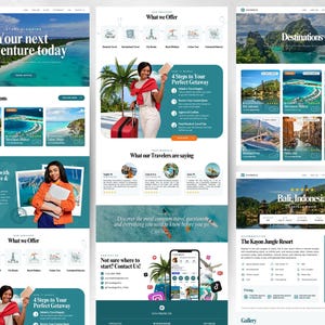 May include: A website design for a travel agency, featuring images of tropical destinations and travel planning services. The design includes sections for popular destinations, travel packages, and customer testimonials. The color scheme is teal and white.