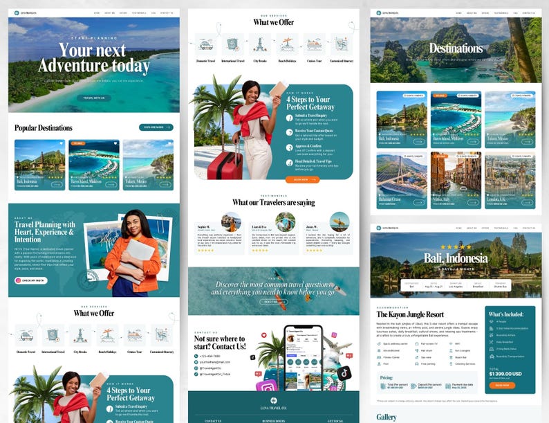 May include: A website design for a travel agency, featuring images of tropical destinations and travel planning services. The design includes sections for popular destinations, travel packages, and customer testimonials. The color scheme is teal and white.
