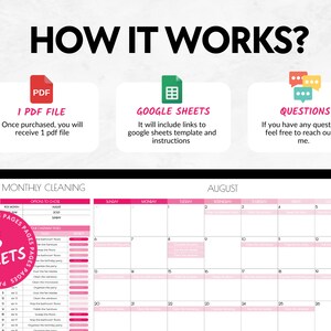 Op de afbeelding: Een roze en witte printbare maandelijkse schoonmaakchecklist met drie vellen. De checklist bevat een kalender voor augustus met dagelijkse taken. De afbeelding toont ook een PDF-bestand, een Google Sheets-pictogram en een spraakballon met het woord "Vragen".