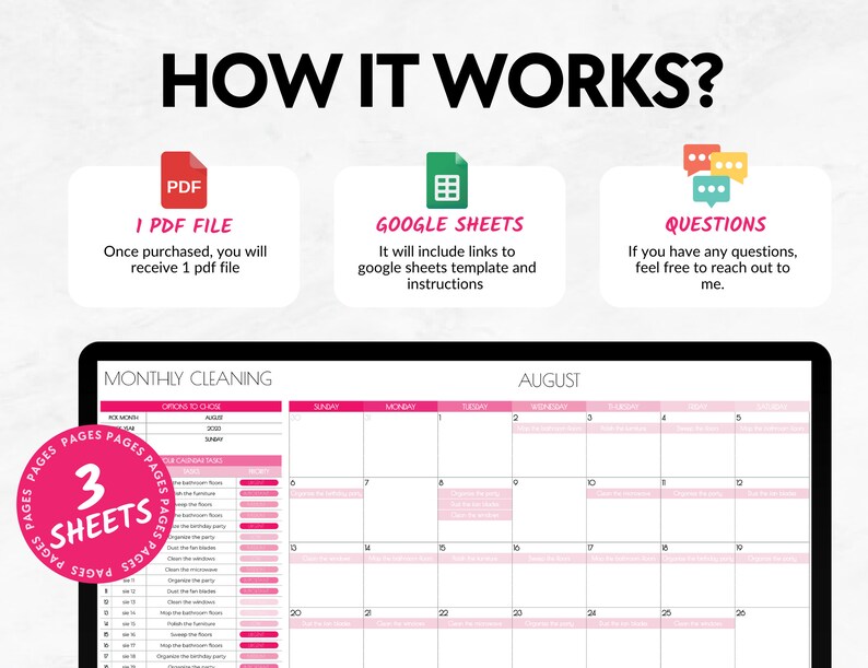 Op de afbeelding: Een roze en witte printbare maandelijkse schoonmaakchecklist met drie vellen. De checklist bevat een kalender voor augustus met dagelijkse taken. De afbeelding toont ook een PDF-bestand, een Google Sheets-pictogram en een spraakballon met het woord "Vragen".