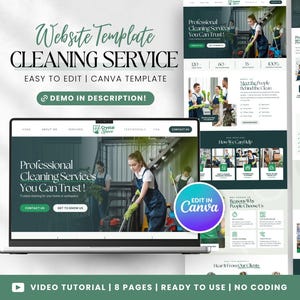 Peut inclure: Un modèle de site web pour un service de nettoyage est affiché sur un ordinateur portable. Le design utilise du vert foncé et du blanc, avec des images de professionnels du nettoyage. Le texte comprend "Website Template CLEANING SERVICE" et "Professional Cleaning Services You Can Trust!"