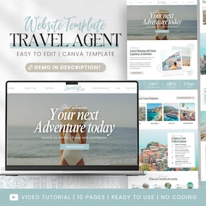 Könnte beinhalten: Eine Website-Vorlage für einen Reisebüro, dargestellt auf einem Laptop-Bildschirm. Das Design zeigt eine Strandszene mit dem Text "Your next Adventure today". Zusätzliche Seiten zeigen Reiselösungen und Kundenreferenzen. Die Vorlage ist einfach zu bearbeiten.