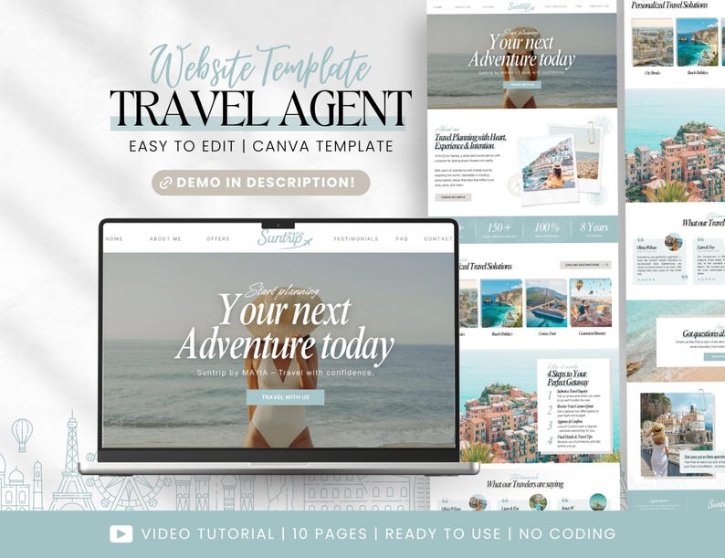 May include: A website template for a travel agent, displayed on a laptop screen. The design features a beach scene with the text "Your next Adventure today." Additional pages showcase travel solutions and customer testimonials. The template is easy to edit and ready to use.