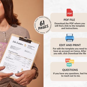 May include: A woman is holding a sales quotation template in a white binder with a gold accent. The template has 61 pages and is available as a downloadable PDF file that can be edited and printed.