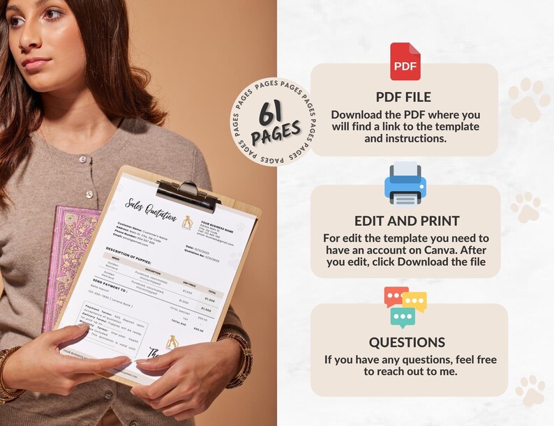 May include: A woman is holding a sales quotation template in a white binder with a gold accent. The template has 61 pages and is available as a downloadable PDF file that can be edited and printed.