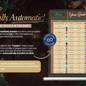 May include: A laptop screen displays a digital book tracker with the text "Your Book Tracker." The screen shows a spreadsheet with book titles, authors, and progress bars. Text on the screen reads "Fully Automatic!" and "No Book Limit Lifetime."