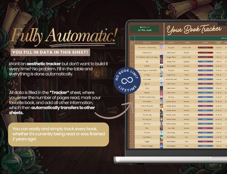 May include: A laptop screen displays a digital book tracker with the text "Your Book Tracker." The screen shows a spreadsheet with book titles, authors, and progress bars. Text on the screen reads "Fully Automatic!" and "No Book Limit Lifetime."