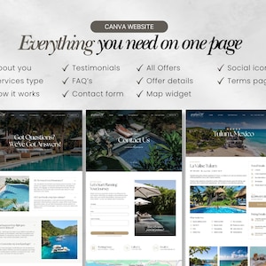 May include: A website design layout with the text "Everything you need on one page" and a list of features. The design includes screenshots of website pages with travel-related content, including a pool, beach, and contact form.