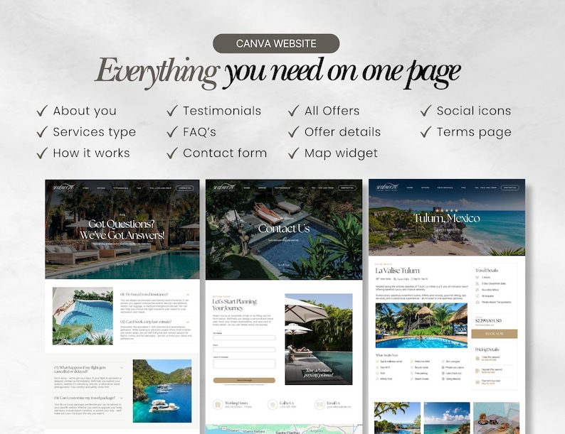 May include: A website design layout with the text "Everything you need on one page" and a list of features. The design includes screenshots of website pages with travel-related content, including a pool, beach, and contact form.
