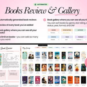 May include: A digital book review and library management interface displayed on a screen. The layout features a book review section, a gallery of book covers, and sorting filters for genre, star rating, author, status, year, and format.