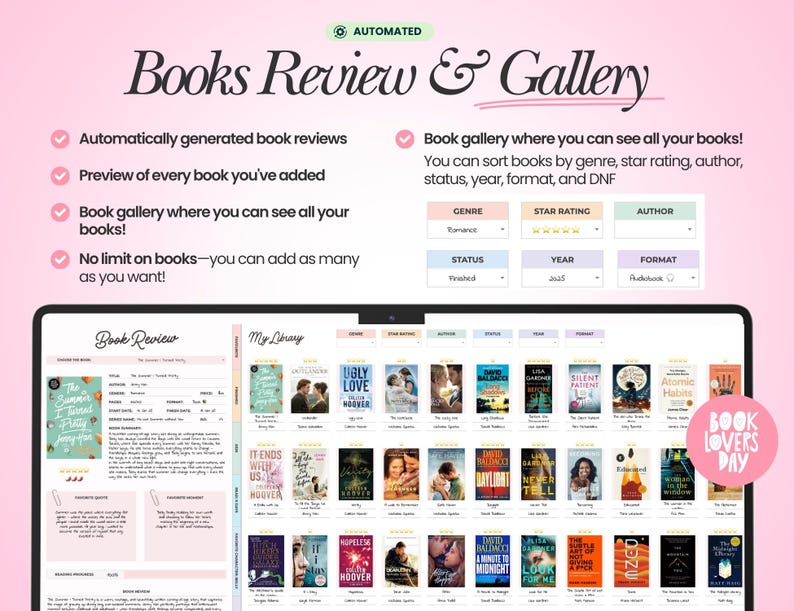 May include: A digital book review and library management interface displayed on a screen. The layout features a book review section, a gallery of book covers, and sorting filters for genre, star rating, author, status, year, and format.