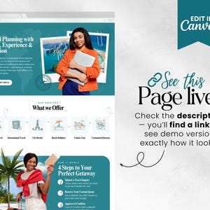 May include: A website mockup with teal and white elements promoting travel planning services. The page features images of a woman holding a laptop and a passport. Text includes "Travel Planning with Heart, Experience & Intention" and "See this Page live!"