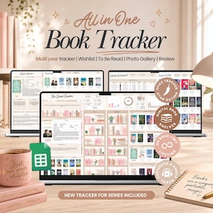 May include: A digital book tracker displayed on laptop screens, featuring a multi-year tracker, wishlist, and review system. The interface includes book shelves, star ratings, and series tracking. Text reads All in One Book Tracker and Books are a uniquely portable magic.
