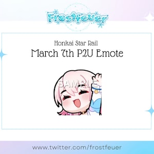 May include: A pink-haired anime character with a surprised expression, waving with their right hand. The text "Honkai Star Rail March 7th P2U Emote" is above the character. The background is a light blue and pink gradient.