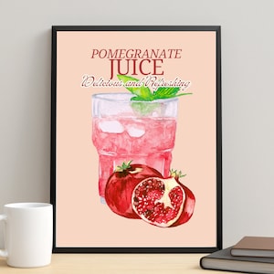 Granatapfelsaft Poster, Saft Liebhaber Vintage Wandkunst, Küchen Dekor Obst, frische Kunst Dekor Druck, neue Küche Geschenk, Zucker trinken Poster