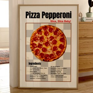 Pizza Pepperoni retro poster, Pizza Kitchen vintage wall art, kitchen decor, Last minute gift, Pepperoni ingredients, toppings, cheese print
