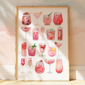 Póster retro de cóctel rosa con acuarela, arte de carrito de bar femenino, decoración de pared con alcohol vintage, impresión de licor coqueta, lindo póster para el hogar, arte femenino