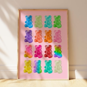 Cartel rosa de osito de goma, arte de pared retro colorido, estampado de decoración de osito de caramelo, regalo para amantes de los dulces rosa, decoración de arte de pared pop, regalo de estilo coqueta