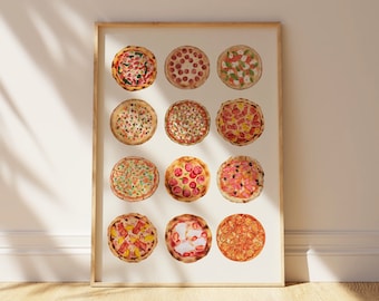 Poster per amanti della pizza, arte murale con acquerello Pizza Kitchen, decorazioni per chef amanti del cibo, regalo dell'ultimo minuto, Pepperoni, Margherita, Hawaii, condimenti