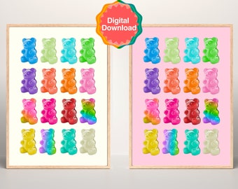 May include: Two printable digital downloads of gummy bear images. The left image shows a white background with 18 gummy bears in various colors. The right image shows a pink background with 18 gummy bears in various colors.