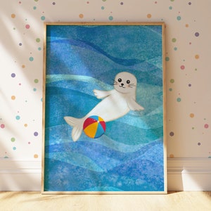 Seal in water with ball Print, Seal animal nursery wall art, Marine baby Poster, Marine animals, Toddler Sea decor, Baby shower gift