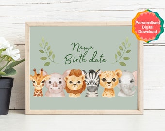 Gepersonaliseerde geboortecadeau digitale print Safari | Geboorte kwekerij decor | Geboortedatum cadeauafdruk | Dieren gepersonaliseerd cadeau kinderdagverblijf | geboorteposter