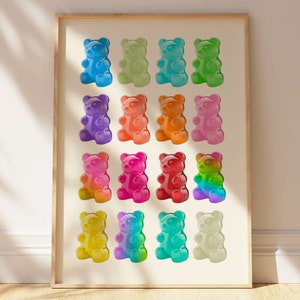 Gummy bear poster, colourful retro wall art, candy bear decor print, candy lovers gift pink, pop wall art decor, coquette style, groovy gift