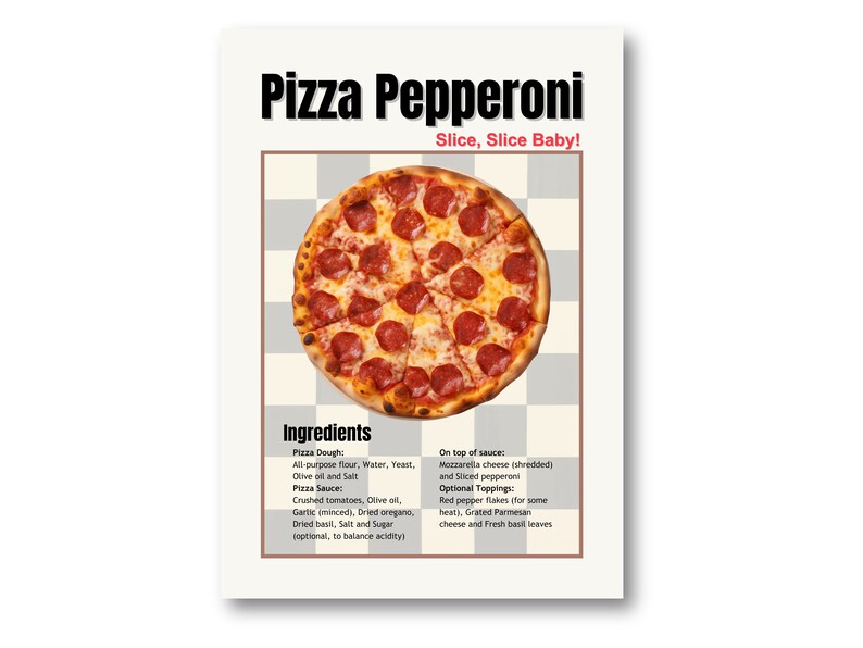 Pizza Pepperoni Retro Poster, Pizza Kitchen Vintage Wall Art, Kitchen ...