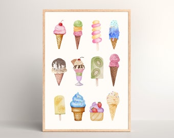 Puede incluir: Lámina en acuarela enmarcada que muestra una variedad de helados y polos. La imagen incluye conos con helado rosa, verde y chocolate, y polos con sabores de frutas. El marco es de color marrón claro.