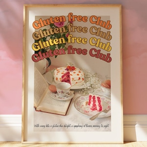 Gluten free Club retro poster, Gluten Kitchen vintage wall art, kitchen decor, cake decor print, no wheat, Gluten free gift, dessert gluten