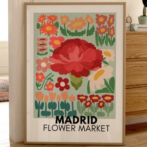 Cartel de diseño gráfico del mercado de flores de Madrid, Estampado floral ciudad de Madrid, impresión de decoración presente, regalo de última hora, decoración de arte de pared de clavel de Madrid