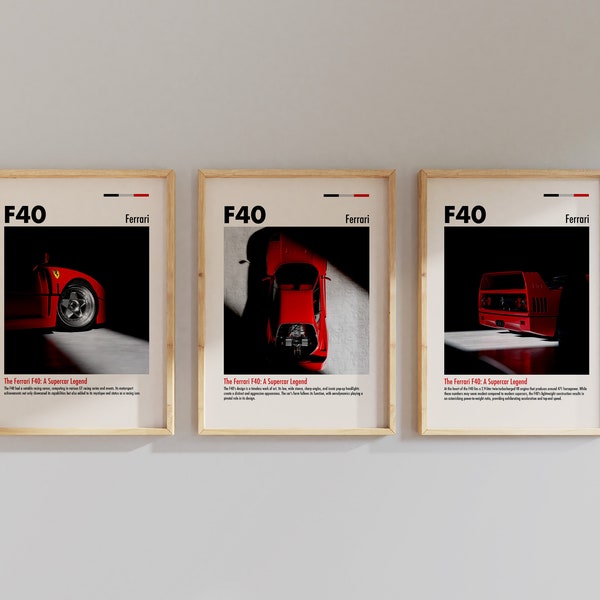 Set Of 3 Printable Ferrari F40 Poster Hyper Cars Wall Art Cool Automotive Home Decor Car Enthusiast Boy Gifts For Bedroom Decoration