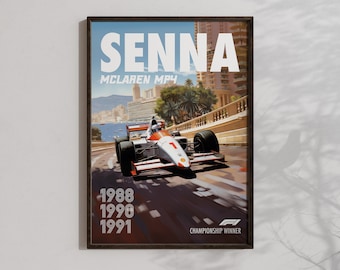 Vintage Ayrton Senna Poster Formula1 Race Car Wall Art Mclaren Mp4 Artwork F1 Racing Motorsport Decor Mclaren Formula 1 Team Prints