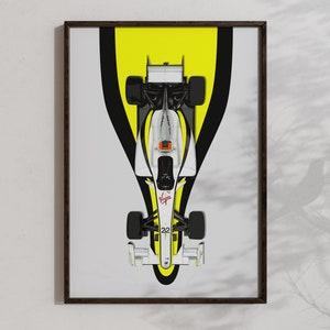 May include: A white Formula 1 race car with black and yellow accents is shown from a top-down perspective. The car is on a black and yellow checkered track. The car has the number 22 on the side and the word "Virgin" on the front.
