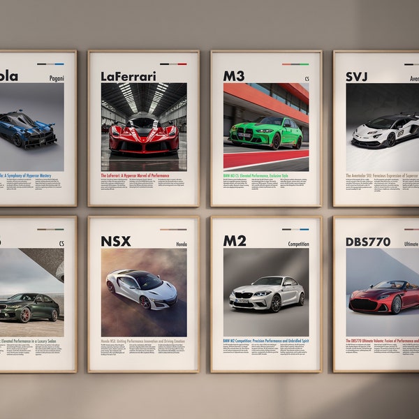 Set of 60 Car Posters Automotive Home Wall Art Decorative Racing Prints Digital Download Poster Aesthetic Living Room Artwork Bundle Gifts