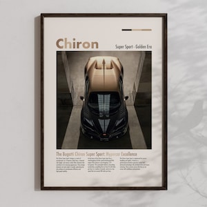 Może przedstawiać: Plakat przedstawiający złotego Bugatti Chiron Super Sport z tekstem "Chiron Super Sport - Golden Era" i "The Bugatti Chiron Super Sport: Hypercar Excellence" pod obrazem.