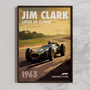 Vintage Jim Clark Poster Formula1 Race Car Wall Art Lotus 25 Climax Artwork F1 Racing Motorsport Decor Downloadable Formula 1 Gifts For Him