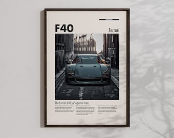 Póster descargable de Ferrari F40, arte de pared de Hyper Cars, decoración automotriz genial para el hogar, regalos para niños entusiastas del coche para decoración del dormitorio