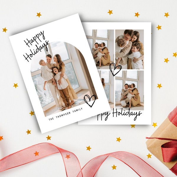 BOHO | Minimalist Photo Holiday Card Arch Canva Template, Printable and Digital Modern Card, Holiday Card with Photographs, Instant Download
